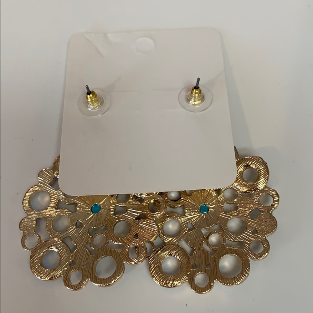 NWOT Gold costume earrings with blue and green - Picture 4 of 4